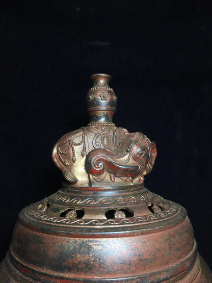 22"Tibetan Temple Collection Old Bronze Cinnabar Muddy gold Elephant trunk ears Three feet Incense burner Ornaments Town House