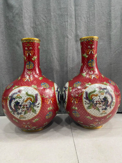 22"Tibetan Temple Collection Old Bronze Cloisonne Enamel Dragon Phoenix Texture Fu Bottle Celestial Vase A Pair Ornaments