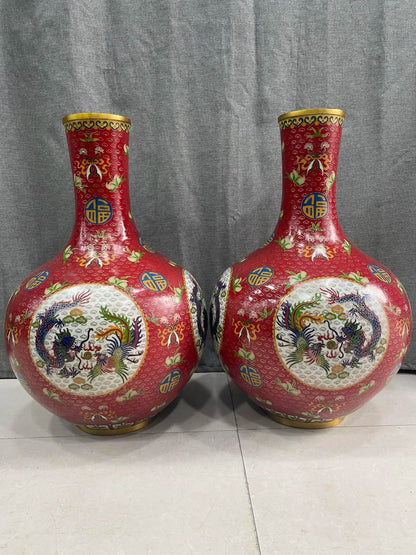 22"Tibetan Temple Collection Old Bronze Cloisonne Enamel Dragon Phoenix Texture Fu Bottle Celestial Vase A Pair Ornaments