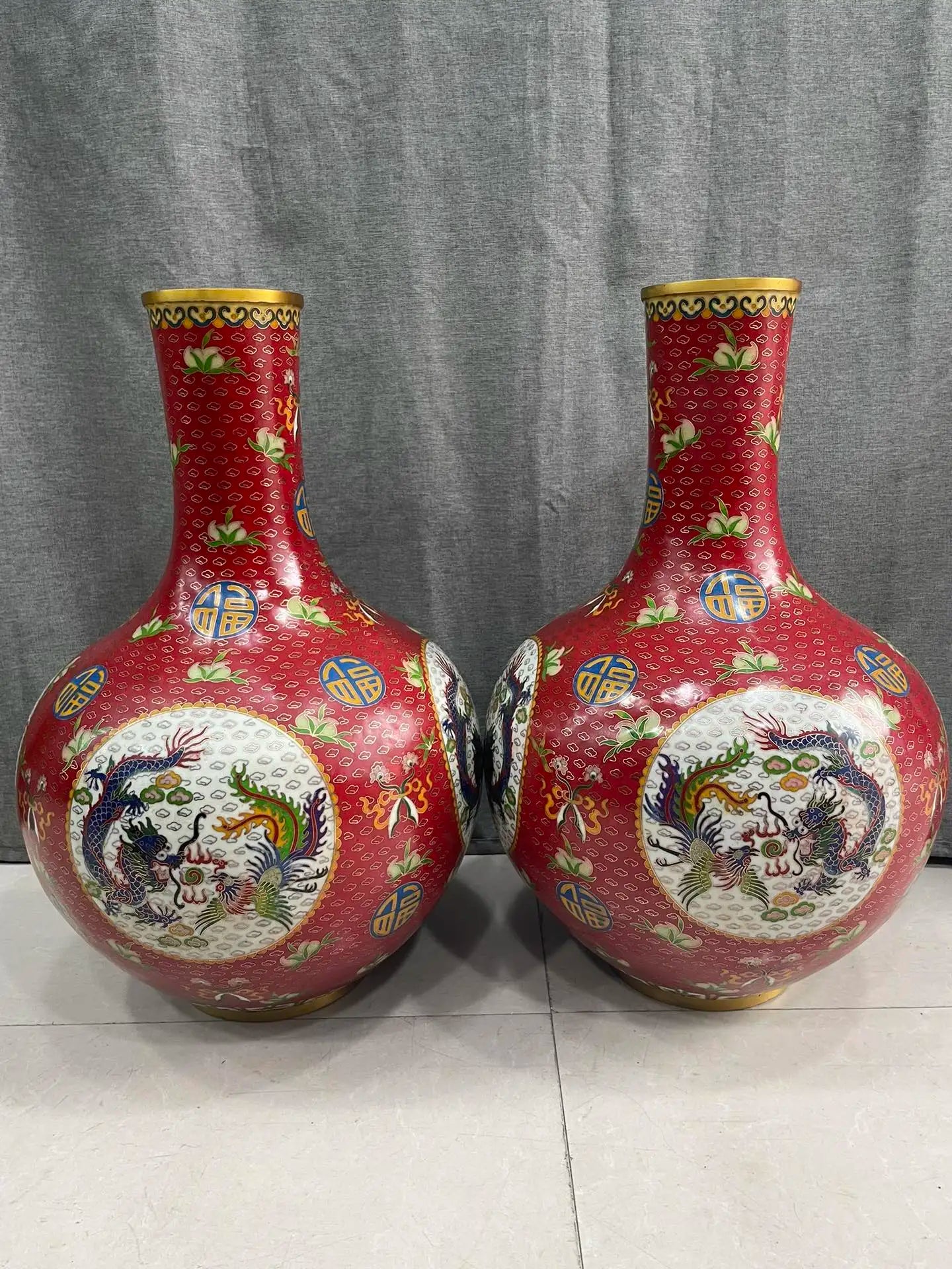 22"Tibetan Temple Collection Old Bronze Cloisonne Enamel Dragon Phoenix Texture Fu Bottle Celestial Vase A Pair Ornaments