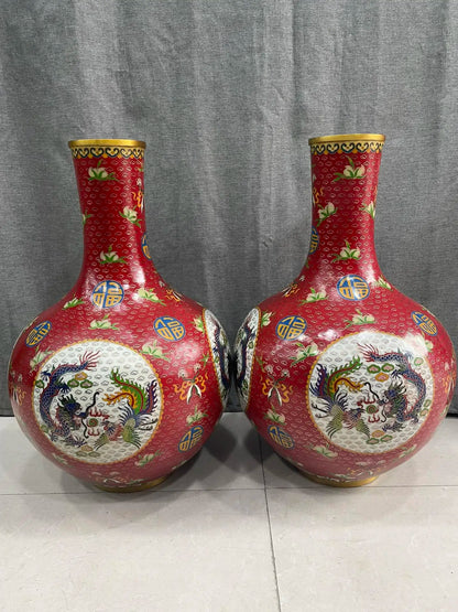 22"Tibetan Temple Collection Old Bronze Cloisonne Enamel Dragon Phoenix Texture Fu Bottle Celestial Vase A Pair Ornaments