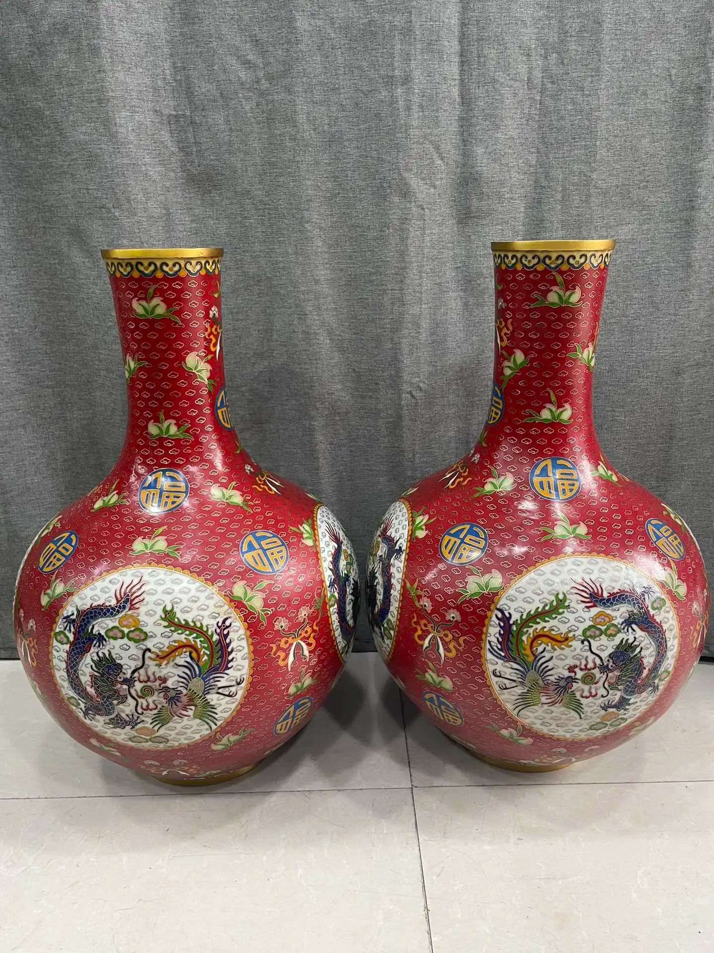 22"Tibetan Temple Collection Old Bronze Cloisonne Enamel Dragon Phoenix Texture Fu Bottle Celestial Vase A Pair Ornaments