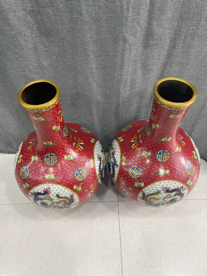 22"Tibetan Temple Collection Old Bronze Cloisonne Enamel Dragon Phoenix Texture Fu Bottle Celestial Vase A Pair Ornaments