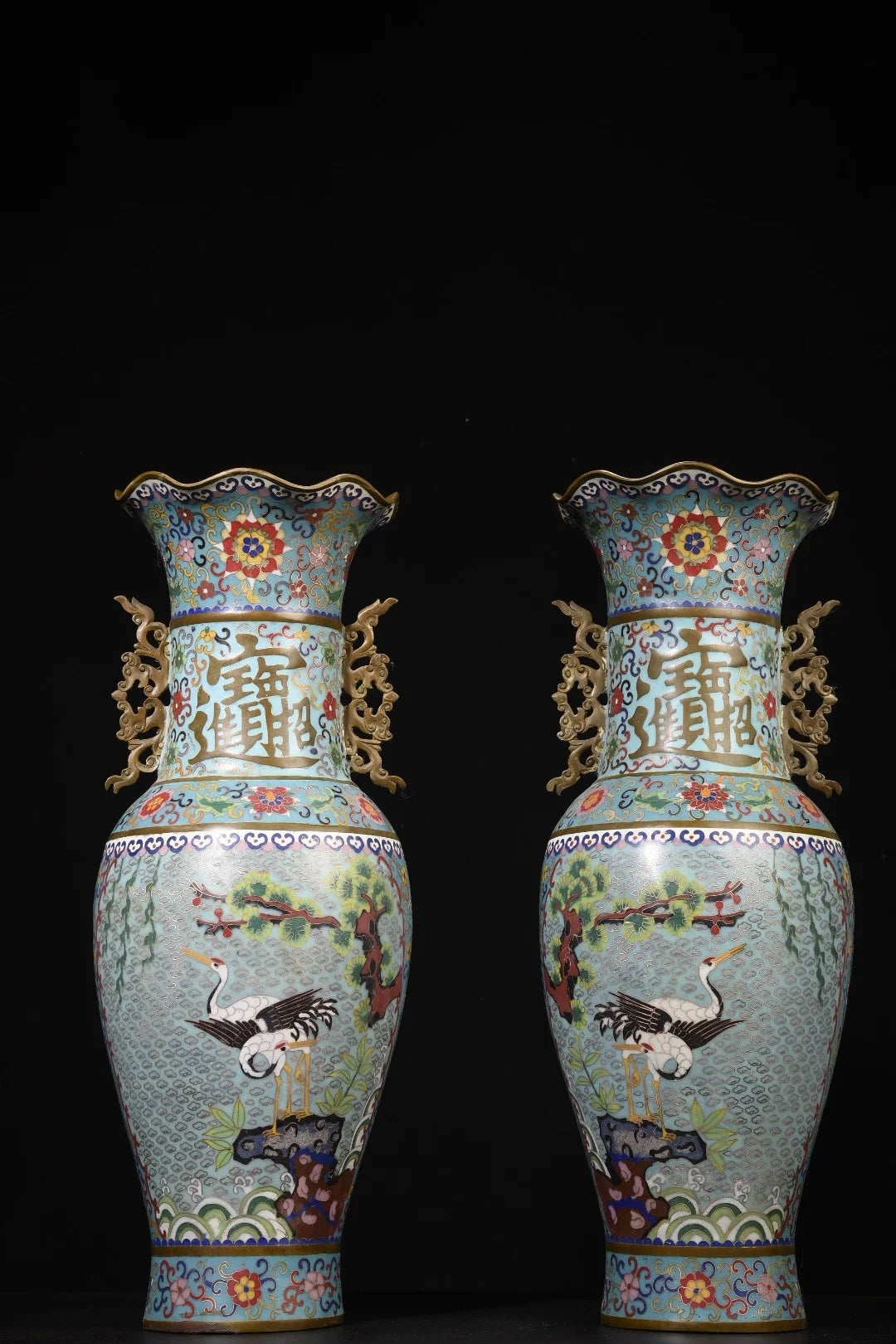 22"Tibetan Temple Collection Old Bronze Cloisonne Enamel Pine Crane Pattern Ear Longevity Bottle Wealth Vase A pair Ornaments