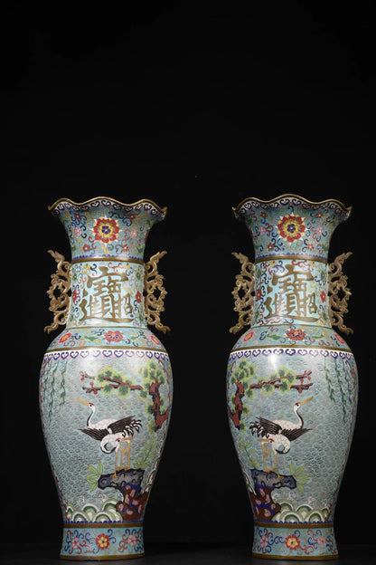 22"Tibetan Temple Collection Old Bronze Cloisonne Enamel Pine Crane Pattern Ear Longevity Bottle Wealth Vase A pair Ornaments