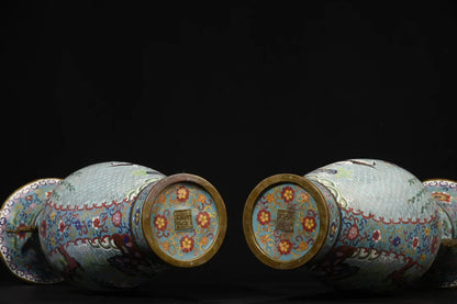 22"Tibetan Temple Collection Old Bronze Cloisonne Enamel Pine Crane Pattern Ear Longevity Bottle Wealth Vase A pair Ornaments