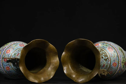 22"Tibetan Temple Collection Old Bronze Cloisonne Enamel Pine Crane Pattern Ear Longevity Bottle Wealth Vase A pair Ornaments