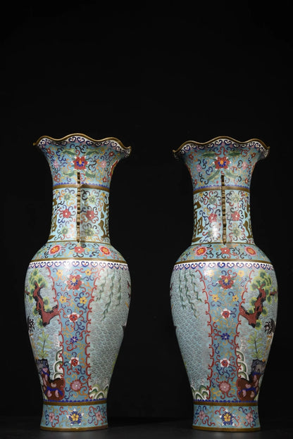 22"Tibetan Temple Collection Old Bronze Cloisonne Enamel Pine Crane Pattern Ear Longevity Bottle Wealth Vase A pair Ornaments