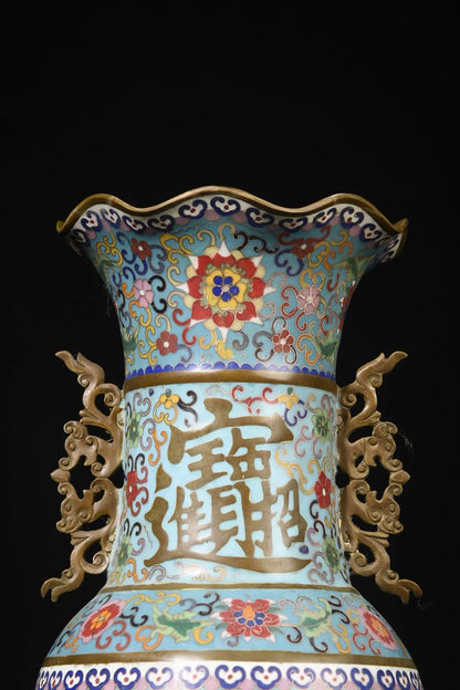 22"Tibetan Temple Collection Old Bronze Cloisonne Enamel Pine Crane Pattern Ear Longevity Bottle Wealth Vase A pair Ornaments