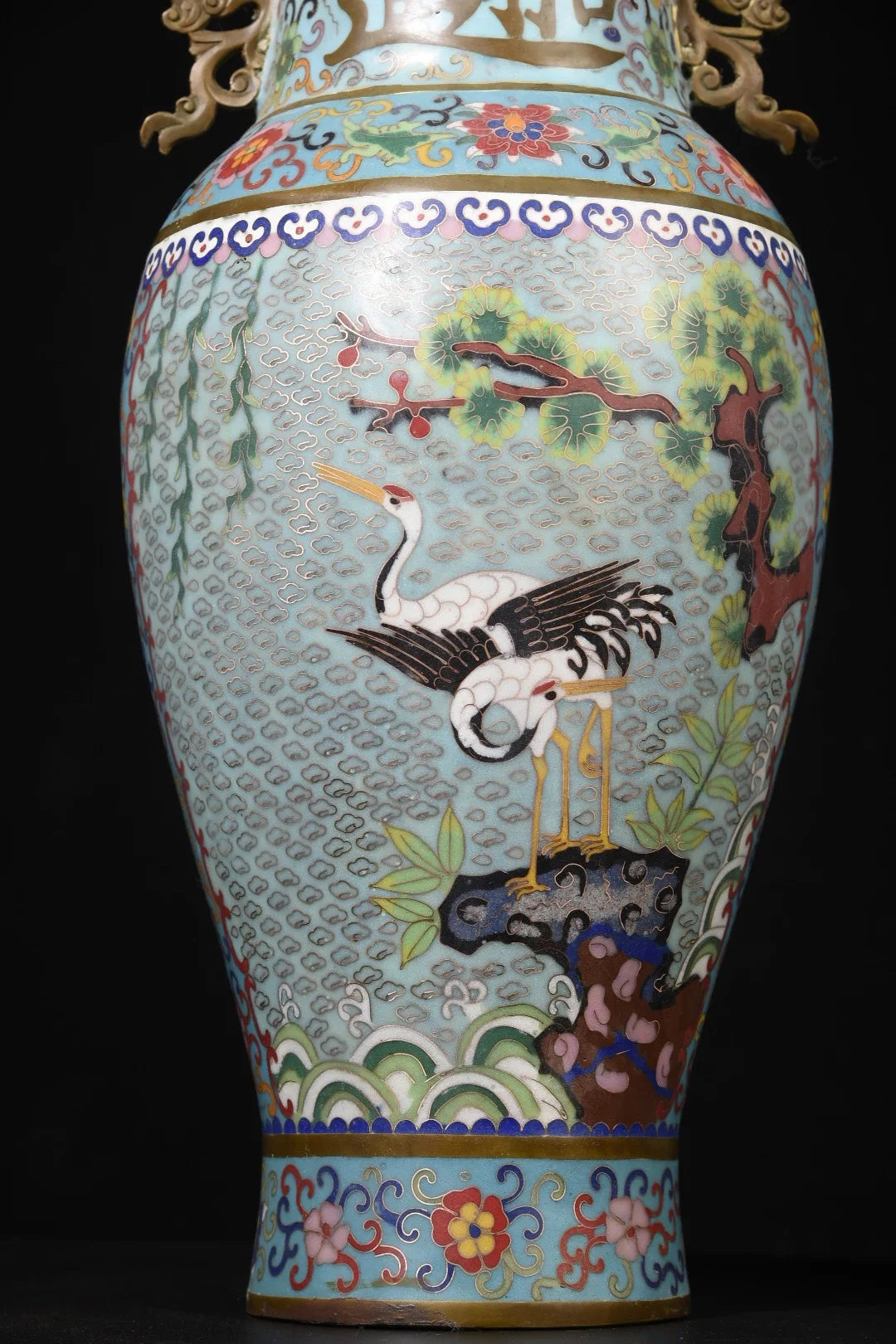 22"Tibetan Temple Collection Old Bronze Cloisonne Enamel Pine Crane Pattern Ear Longevity Bottle Wealth Vase A pair Ornaments