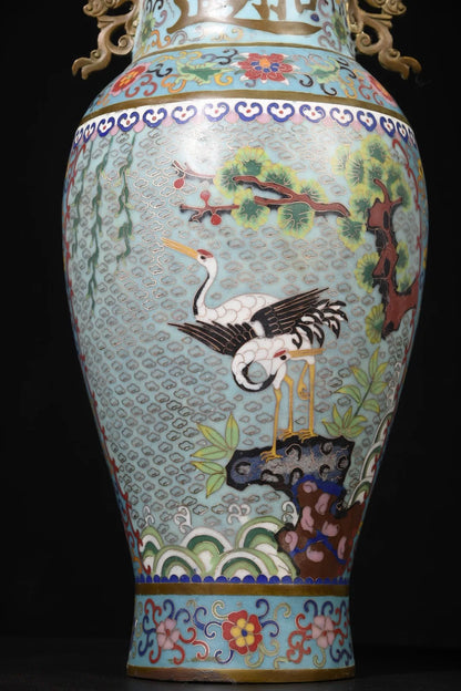 22"Tibetan Temple Collection Old Bronze Cloisonne Enamel Pine Crane Pattern Ear Longevity Bottle Wealth Vase A pair Ornaments