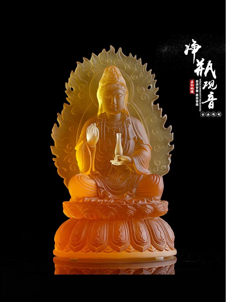 22 cm high  Avalokitesvara Bodhisattva Coloured glaze Pure bottle Guanyin Buddha statue Buddhist temple home worship ornament