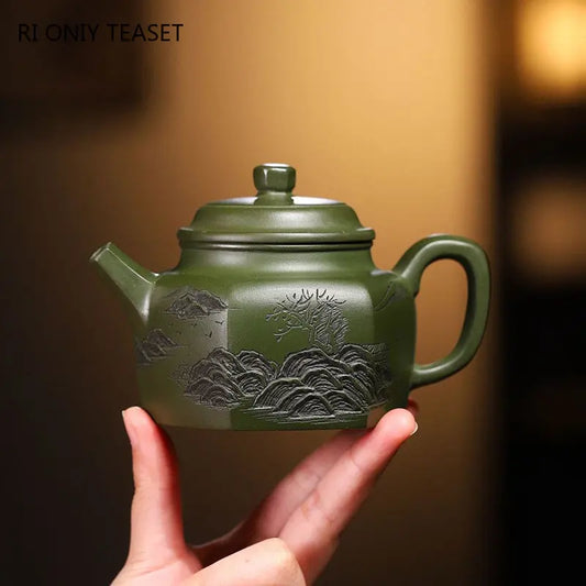 220ml Authentic Yixing Purple Clay Teapot Famous Artists Handmade Tea Pot Raw Ore Green Mud Kettle Chinese Zisha Tea Set Teaware