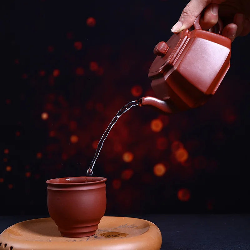 220ml Chinese Yixing High-end Purple Clay Teapots Handmade Square Stone Scoop Tea Pot Raw Ore Purple Mud Kettle Zisha Tea Set