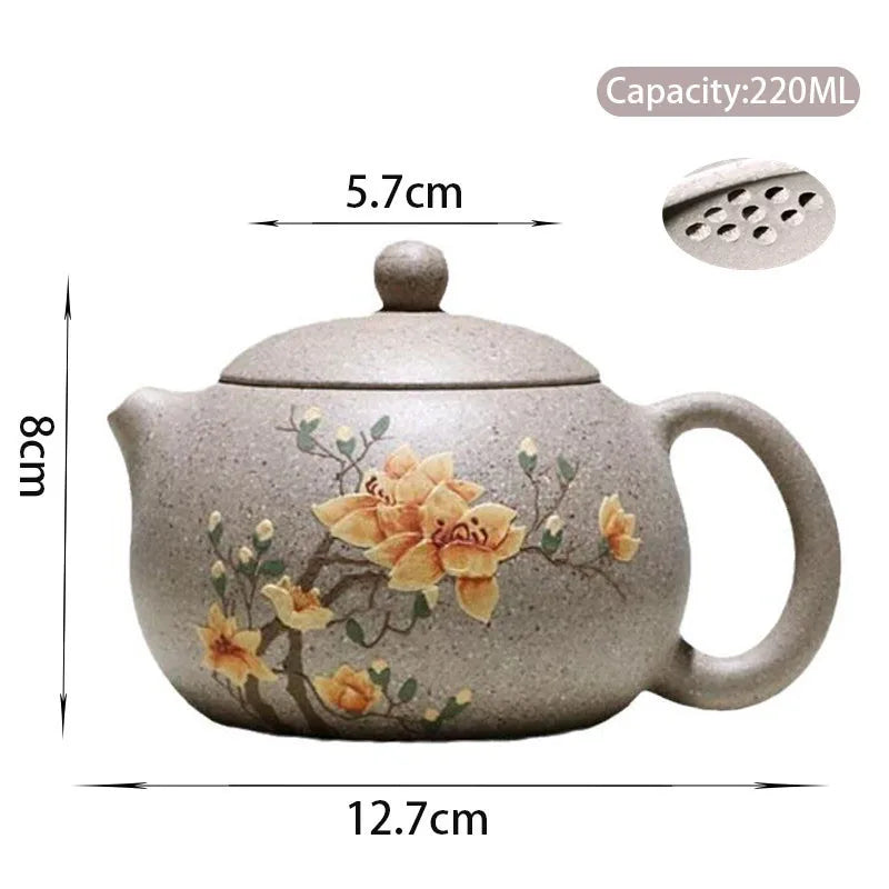 220ml Chinese Yixing High-end Purple Clay Teapots Mud-painted Flower Pattern Xishi Tea Pot Raw Ore Duan Mud Kettle Zisha Tea Set