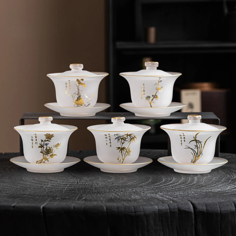 220ml Outline in Gold Art Glass Gaiwan Antique Crystal Tea Bowl Tea Tureen Household Tea Maker Cover Bowl Tea Items Decoration