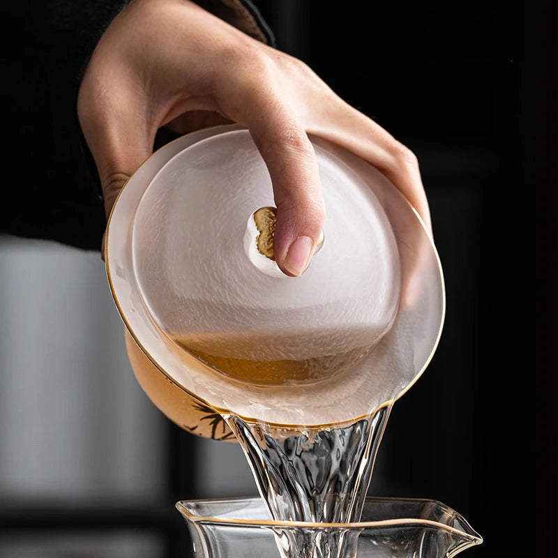 220ml Outline in Gold Art Glass Gaiwan Antique Crystal Tea Bowl Tea Tureen Household Tea Maker Cover Bowl Tea Items Decoration
