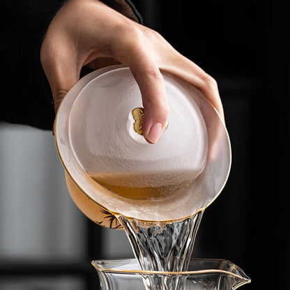 220ml Outline in Gold Art Glass Gaiwan Antique Crystal Tea Bowl Tea Tureen Household Tea Maker Cover Bowl Tea Items Decoration