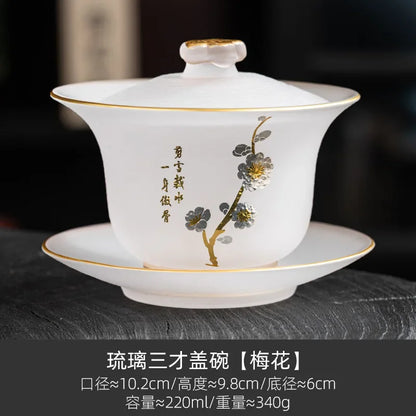 220ml Outline in Gold Art Glass Gaiwan Antique Crystal Tea Bowl Tea Tureen Household Tea Maker Cover Bowl Tea Items Decoration