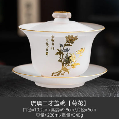 220ml Outline in Gold Art Glass Gaiwan Antique Crystal Tea Bowl Tea Tureen Household Tea Maker Cover Bowl Tea Items Decoration