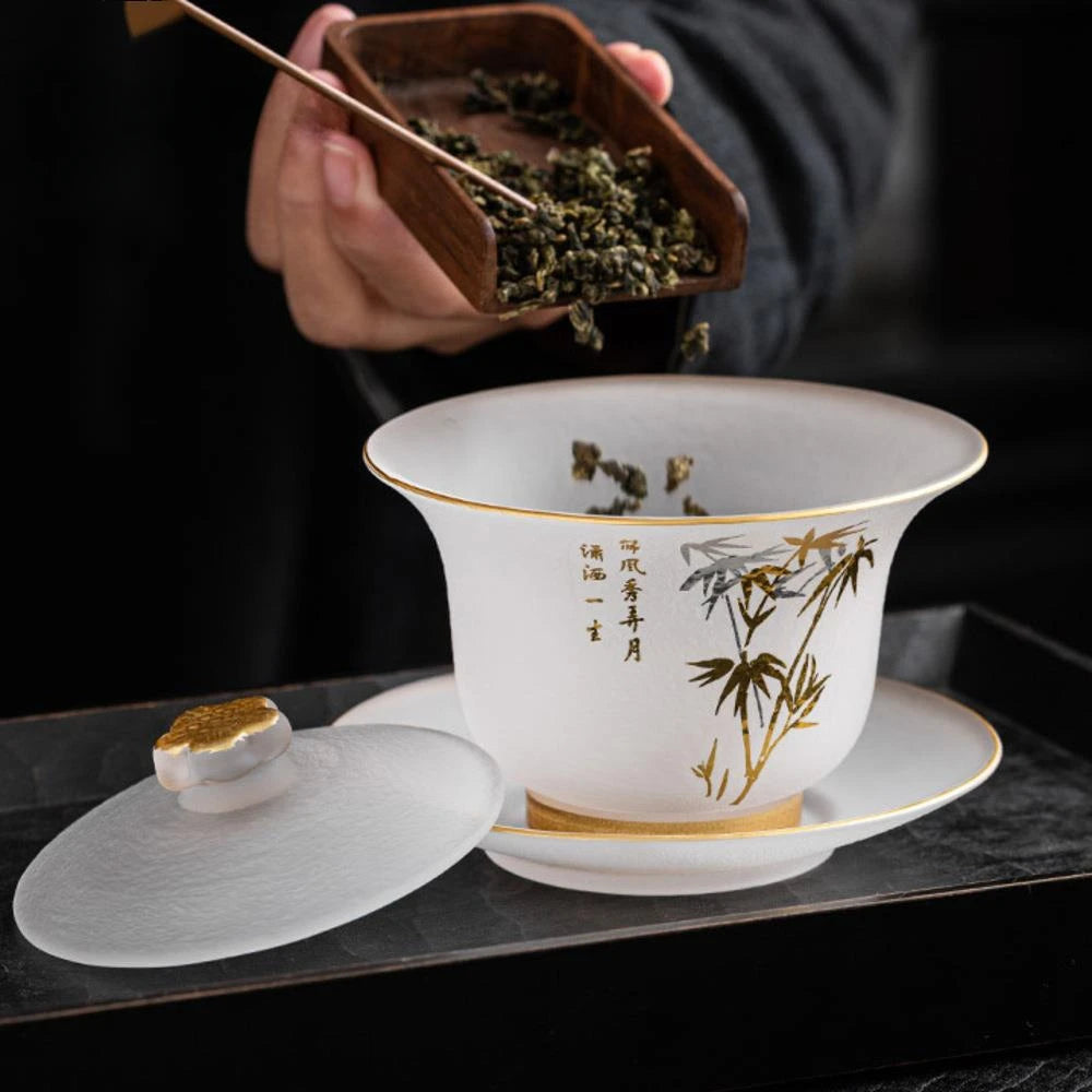 220ml Outline in Gold Art Glass Gaiwan Antique Crystal Tea Bowl Tea Tureen Household Tea Maker Cover Bowl Tea Items Decoration