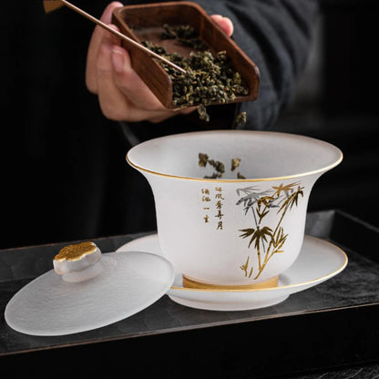 220ml Outline in Gold Art Glass Gaiwan Antique Crystal Tea Bowl Tea Tureen Household Tea Maker Cover Bowl Tea Items Decoration