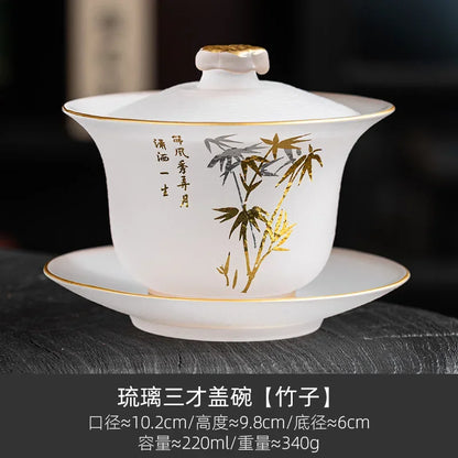 220ml Outline in Gold Art Glass Gaiwan Antique Crystal Tea Bowl Tea Tureen Household Tea Maker Cover Bowl Tea Items Decoration