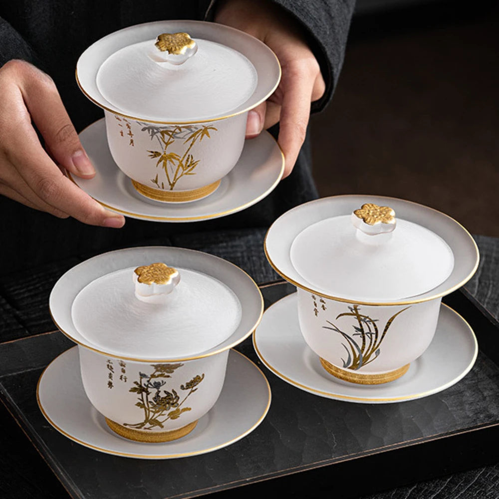 220ml Outline in Gold Art Glass Gaiwan Antique Crystal Tea Bowl Tea Tureen Household Tea Maker Cover Bowl Tea Items Decoration