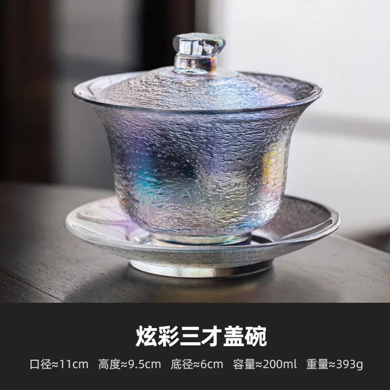 220ml Outline in Gold Art Glass Gaiwan Antique Crystal Tea Bowl Tea Tureen Household Tea Maker Cover Bowl Tea Items Decoration