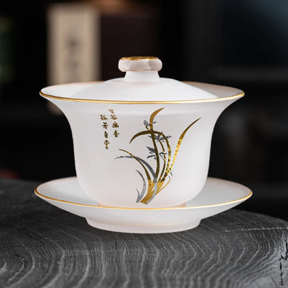 220ml Outline in Gold Art Glass Gaiwan Antique Crystal Tea Bowl Tea Tureen Household Tea Maker Cover Bowl Tea Items Decoration