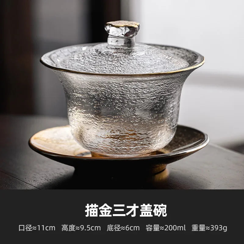 220ml Outline in Gold Art Glass Gaiwan Antique Crystal Tea Bowl Tea Tureen Household Tea Maker Cover Bowl Tea Items Decoration