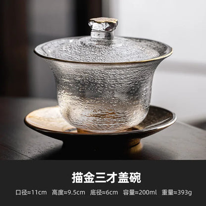 220ml Outline in Gold Art Glass Gaiwan Antique Crystal Tea Bowl Tea Tureen Household Tea Maker Cover Bowl Tea Items Decoration