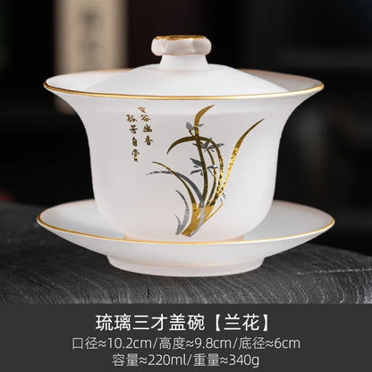 220ml Outline in Gold Art Glass Gaiwan Antique Crystal Tea Bowl Tea Tureen Household Tea Maker Cover Bowl Tea Items Decoration