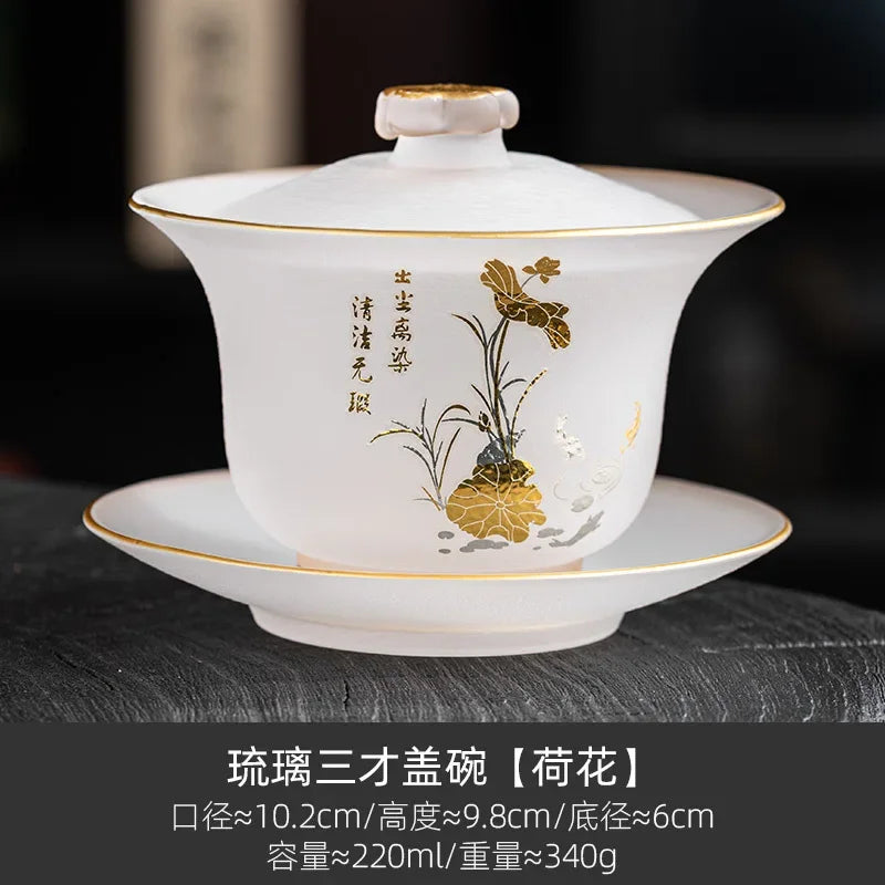 220ml Outline in Gold Art Glass Gaiwan Antique Crystal Tea Bowl Tea Tureen Household Tea Maker Cover Bowl Tea Items Decoration