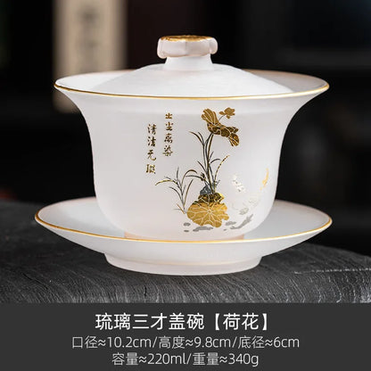 220ml Outline in Gold Art Glass Gaiwan Antique Crystal Tea Bowl Tea Tureen Household Tea Maker Cover Bowl Tea Items Decoration