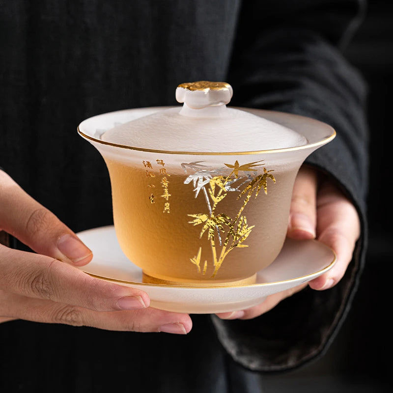 220ml Outline in Gold Art Glass Gaiwan Antique Crystal Tea Bowl Tea Tureen Household Tea Maker Cover Bowl Tea Items Decoration