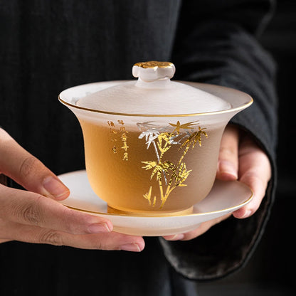 220ml Outline in Gold Art Glass Gaiwan Antique Crystal Tea Bowl Tea Tureen Household Tea Maker Cover Bowl Tea Items Decoration