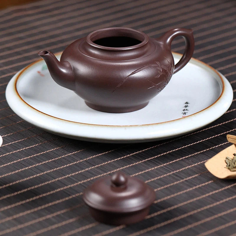 220ml Yixing Handmade Purple Clay Teapots Famous Artists Hand-carved Tea Pot Raw Ore Purple Mud Kettle Chinese Zisha Tea Set