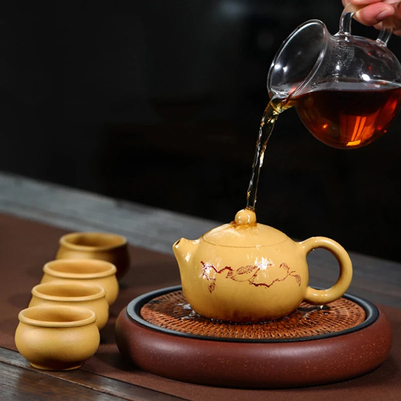 220ml Yixing Purple Clay Teapot Handmade Ball Hole Filter Xishi Tea Pot Raw Ore Gold Section Mud Kettle Chinese Zisha Tea Set