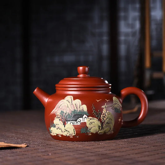 220ml Yixing Purple Sand Teapot Genuine Full Handmade Raw Ore Dahongpao Mud Painted Dezhong Tea Pot Kung Fu Tea Kettle Shipping
