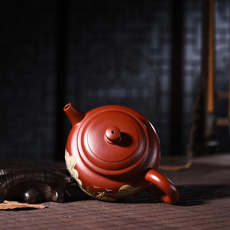 220ml Yixing Purple Sand Teapot Genuine Full Handmade Raw Ore Dahongpao Mud Painted Dezhong Tea Pot Kung Fu Tea Kettle Shipping