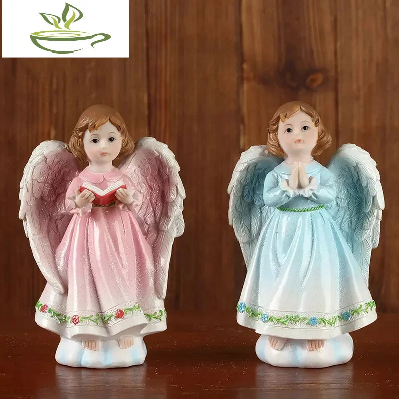 Girl Angel Statues Sculpture Decoration Pink Blue Figurines Religious Gift Desktop Cute European Retro Praying Reading Book