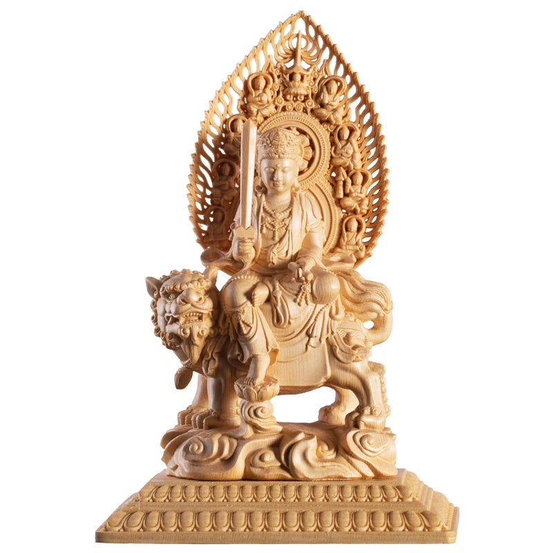 22CM Buddha Statue Cypress Wood Carving Decoration Solid Wood Craft Sculpture Home Manjusri Sages Bodhisattva Home Decor