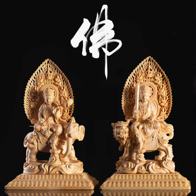 22CM Buddha Statue Cypress Wood Carving Decoration Solid Wood Craft Sculpture Home Manjusri Sages Bodhisattva Home Decor