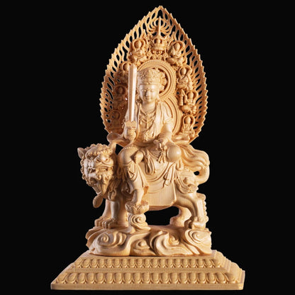 22CM Buddha Statue Cypress Wood Carving Decoration Solid Wood Craft Sculpture Home Manjusri Sages Bodhisattva Home Decor