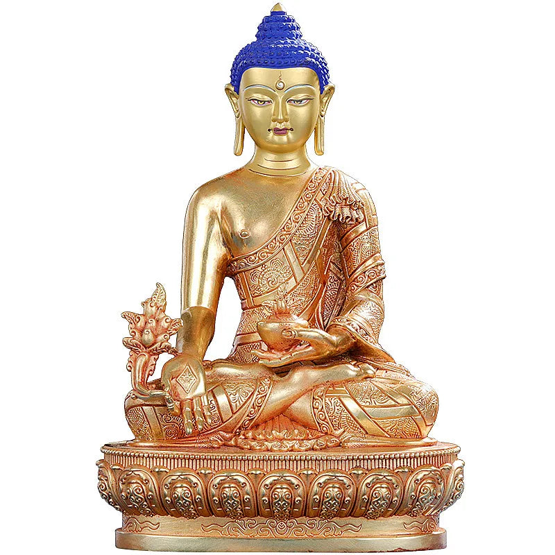 22cm Gold Plated Copper Medicine Exquisite Carving Buddhist Retro Carving Tranic Temple Decorate Bodhisattva Figurine