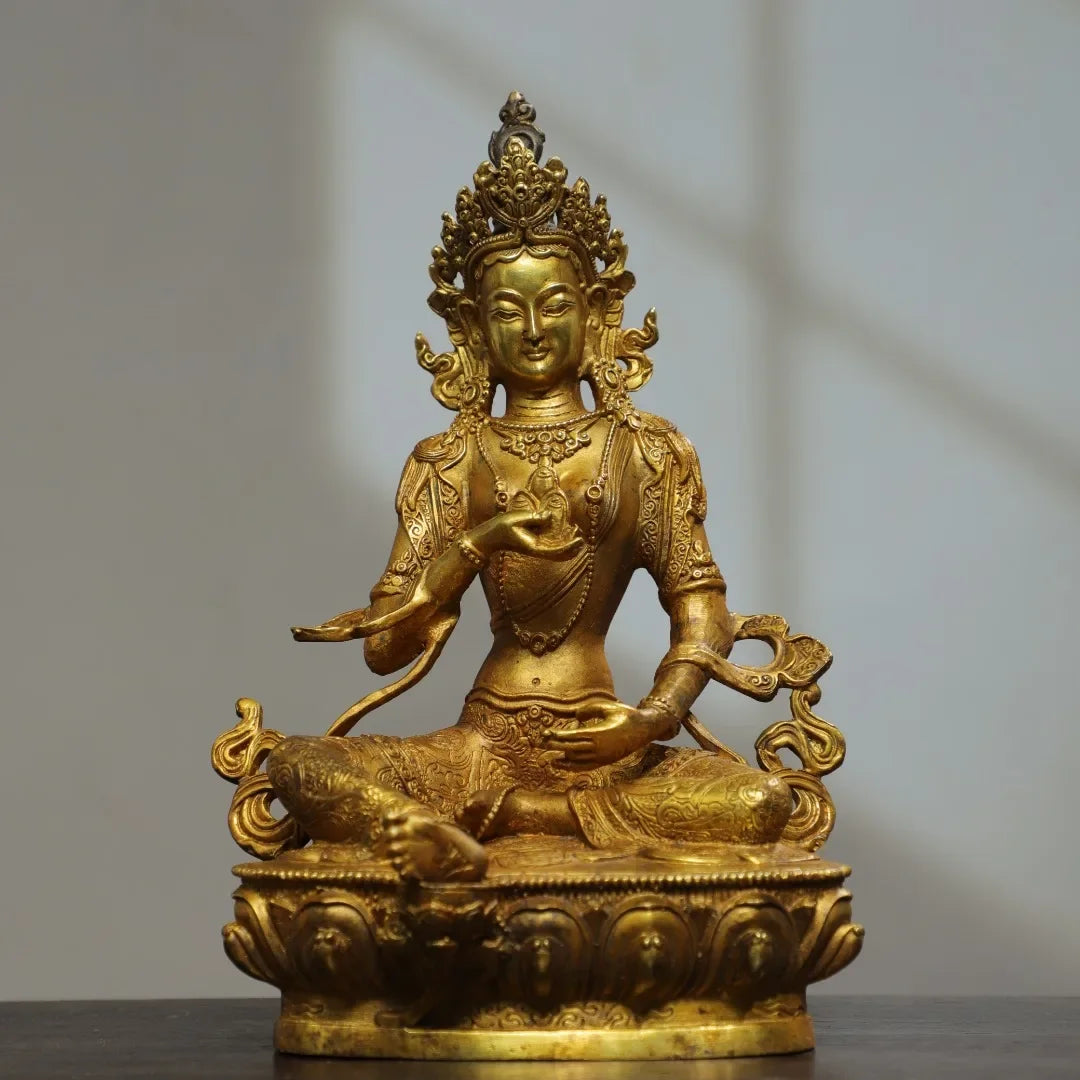 22cm Nepalese Tibetan Ornament Brass Gilded Manjushri Tara Bodhisattva Sitting Statue