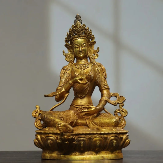 22cm Nepalese Tibetan Ornament Brass Gilded Manjushri Tara Bodhisattva Sitting Statue