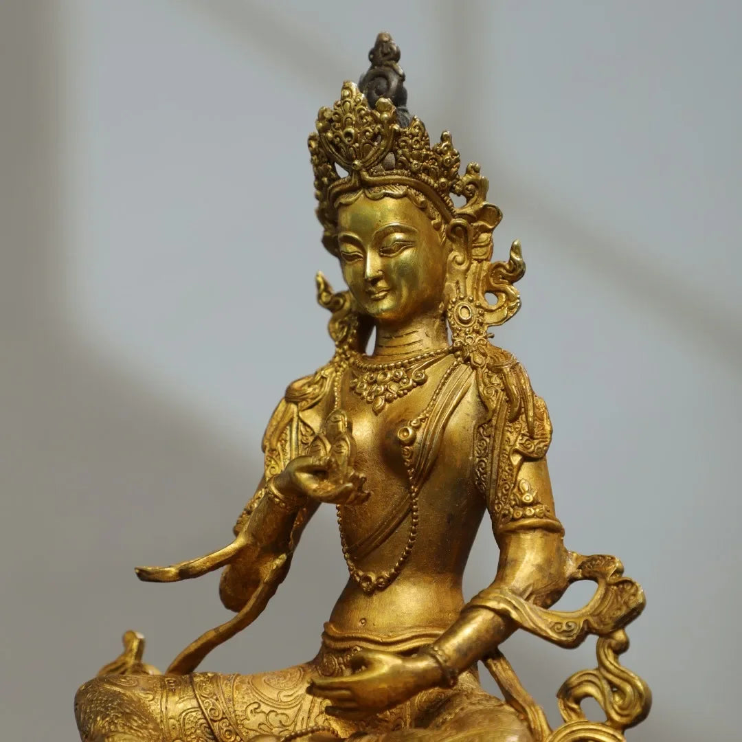 22cm Nepalese Tibetan Ornament Brass Gilded Manjushri Tara Bodhisattva Sitting Statue