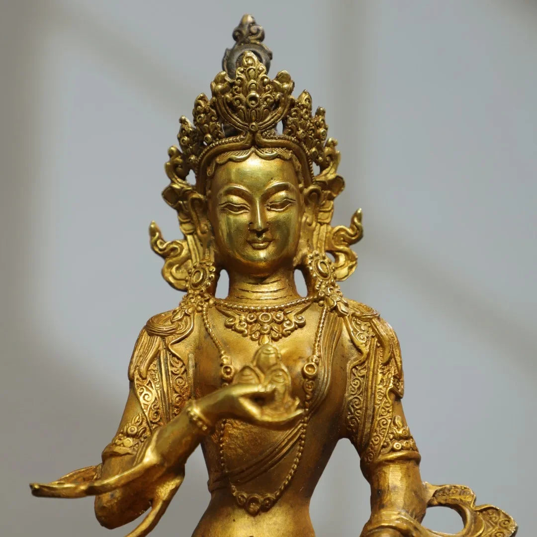22cm Nepalese Tibetan Ornament Brass Gilded Manjushri Tara Bodhisattva Sitting Statue